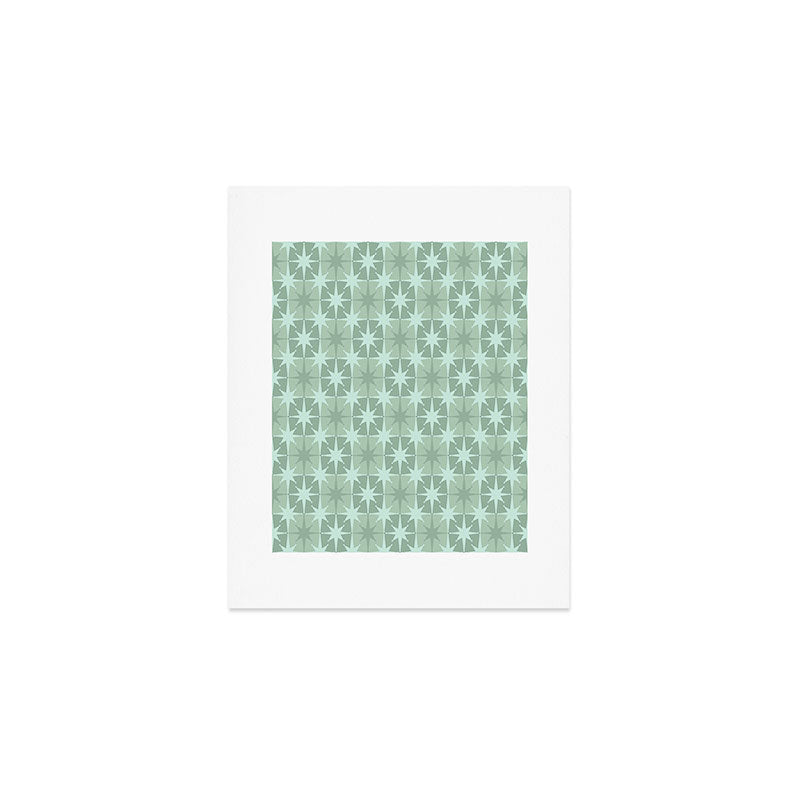Mid Century Modern Atomic Stars Checkered Starburst Pattern in Retro Sea Glass Green Tones Art Print Gallery Image 1