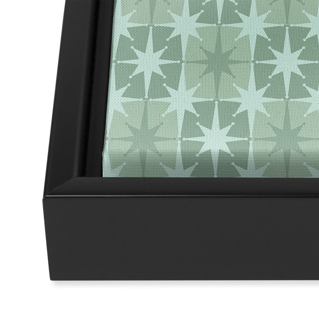 Mid Century Modern Atomic Stars Checkered Starburst Pattern in Retro Sea Glass Green Tones Framed Canvas Print Gallery Image 3