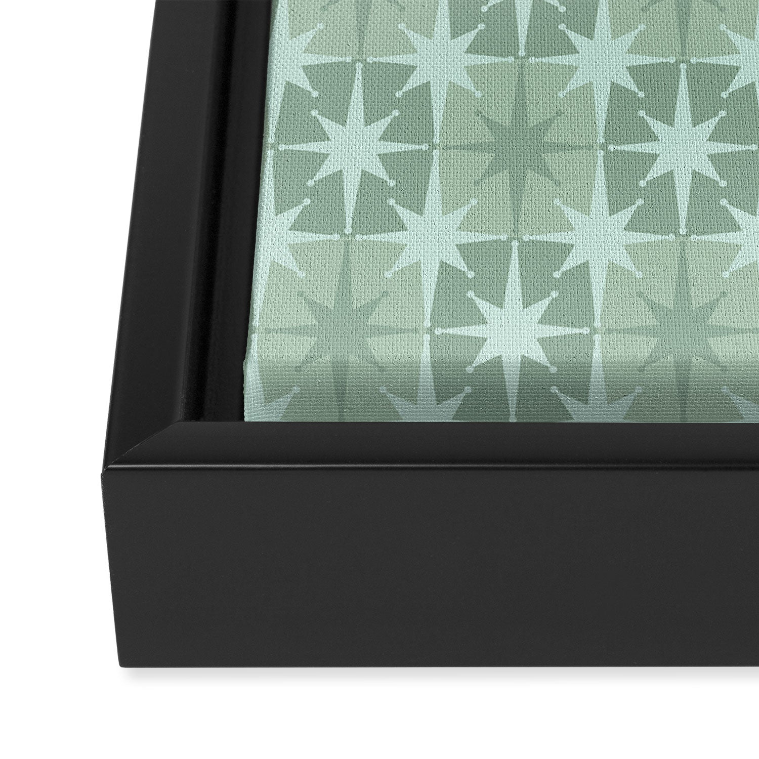 Mid Century Modern Atomic Stars Checkered Starburst Pattern in Retro Sea Glass Green Tones Framed Canvas Print Gallery Image 3
