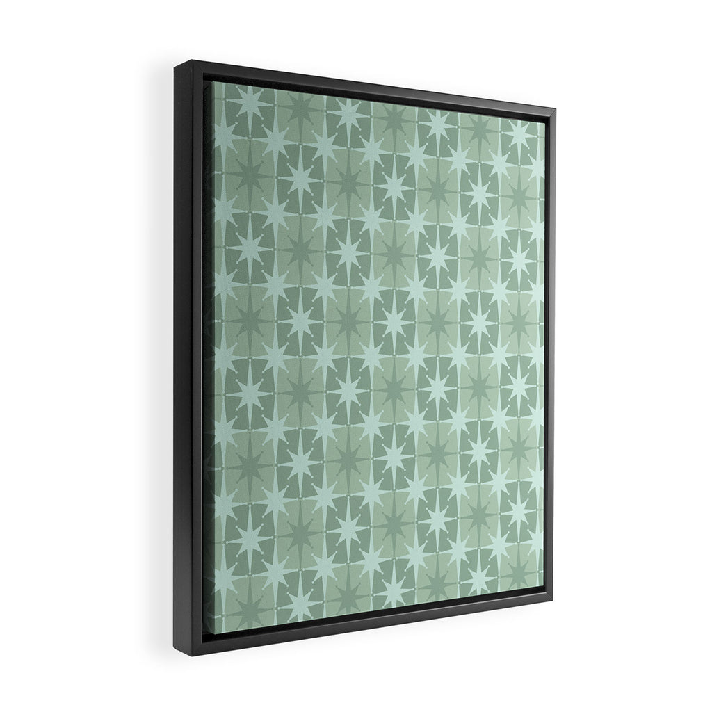 Mid Century Modern Atomic Stars Checkered Starburst Pattern in Retro Sea Glass Green Tones Framed Canvas Print Gallery Image 2
