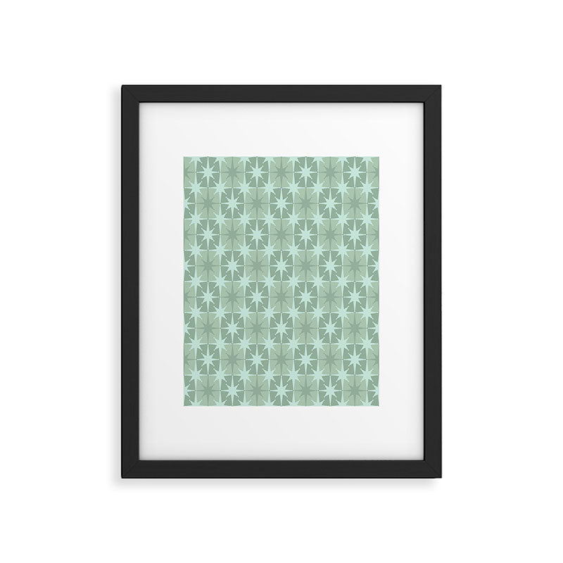 Mid Century Modern Atomic Stars Checkered Starburst Pattern in Retro Sea Glass Green Tones Framed Art Print Gallery Image 5