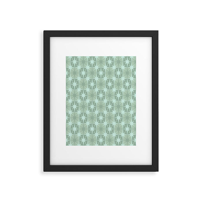 Mid Century Modern Atomic Stars Checkered Starburst Pattern in Retro Sea Glass Green Tones Framed Art Print Gallery Image 1