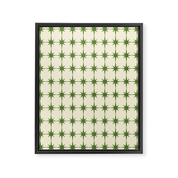 Mid Century Modern Atomic Stars Grid in Retro Christmas Green and Cream Framed Canvas Print Gallery Image 1
