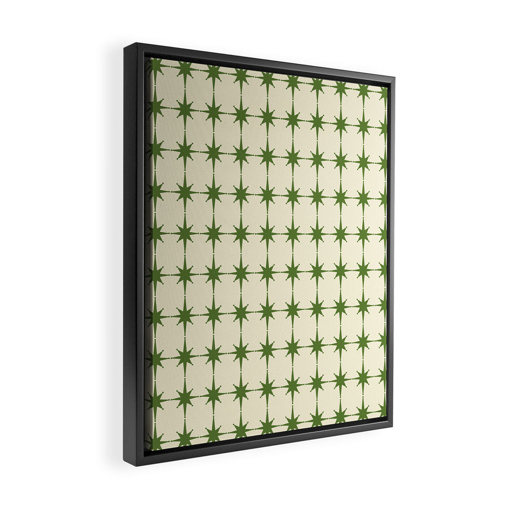 Mid Century Modern Atomic Stars Grid in Retro Christmas Green and Cream Framed Canvas Print Gallery Image 2
