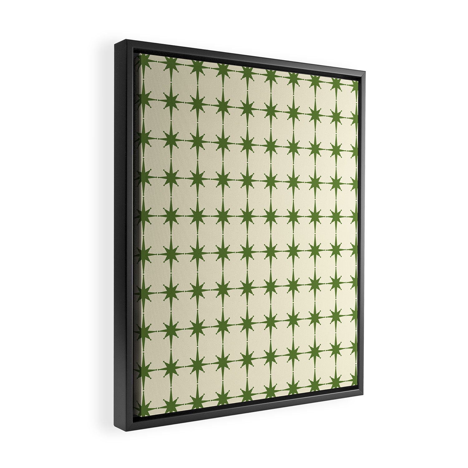 Mid Century Modern Atomic Stars Grid in Retro Christmas Green and Cream Framed Canvas Print Gallery Image 2
