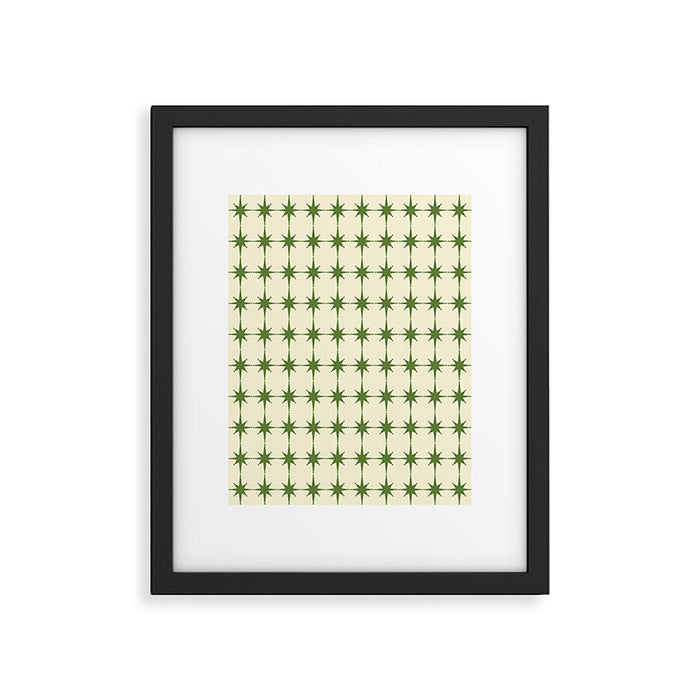 Mid Century Modern Atomic Stars Grid in Retro Christmas Green and Cream Framed Art Print Gallery Image 1