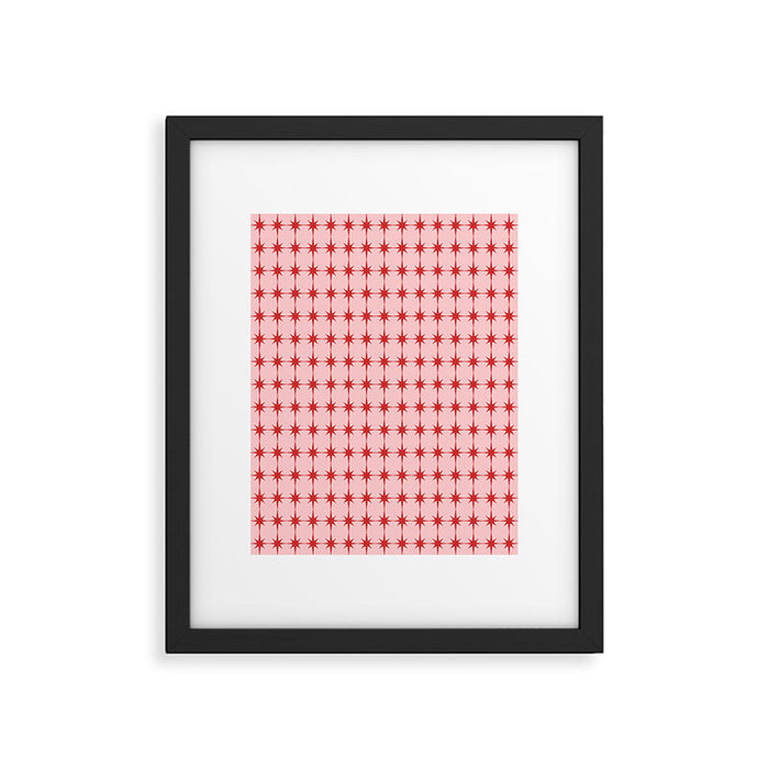 Mid Century Modern Atomic Stars Grid in Retro Christmas Red and Pink Framed Art Print Gallery Image 1
