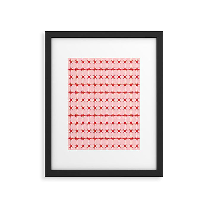 Mid Century Modern Atomic Stars Grid in Retro Christmas Red and Pink Framed Art Print Gallery Image 1
