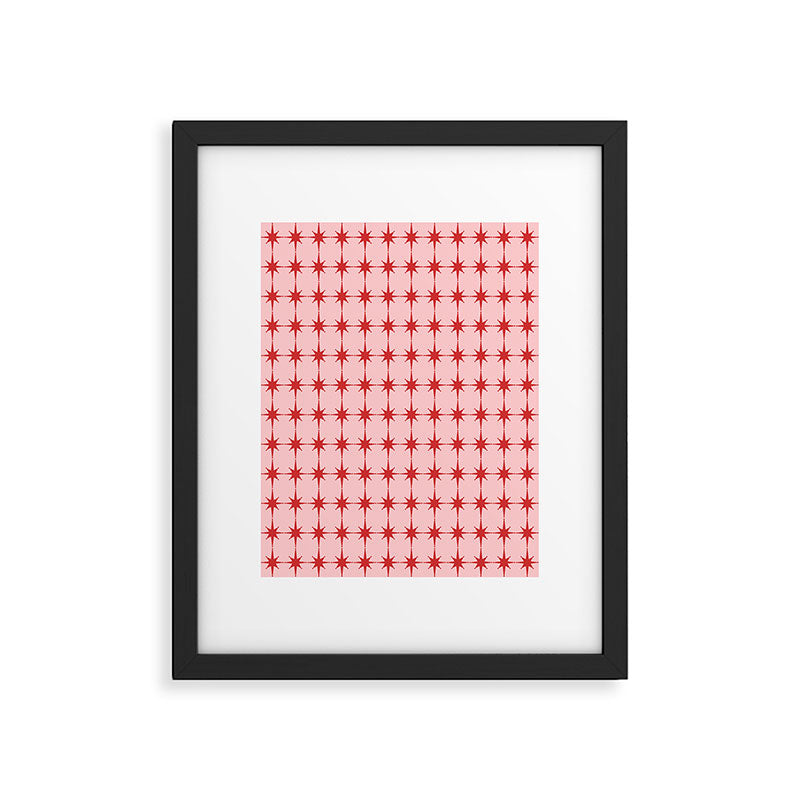 Mid Century Modern Atomic Stars Grid in Retro Christmas Red and Pink Framed Art Print Gallery Image 5