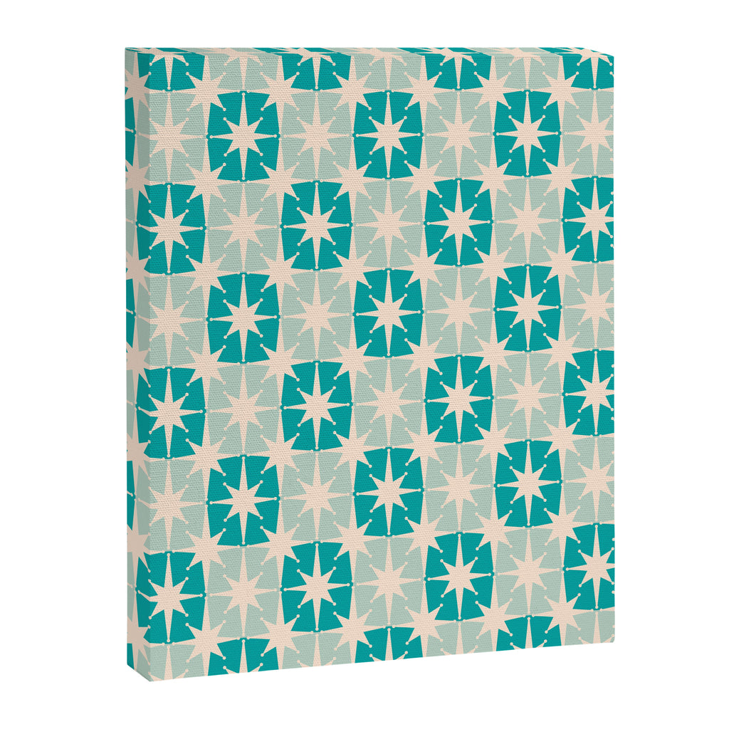 Mid Century Modern Atomic Stars Light Pastel Teal and Cream Retro Checkered Starburst Pattern Canvas Print Gallery Image 6