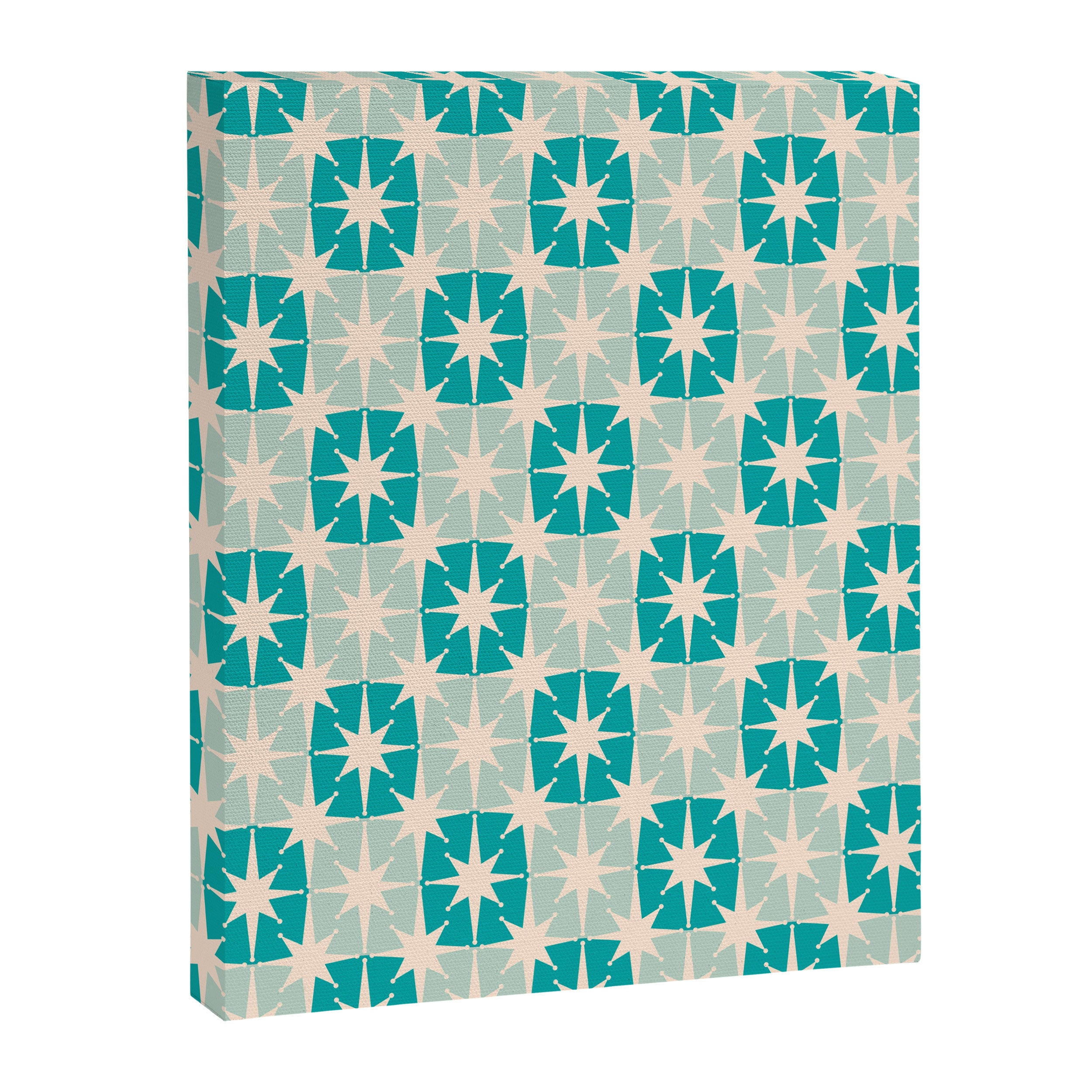 Mid Century Modern Atomic Stars Light Pastel Teal and Cream Retro Checkered Starburst Pattern Canvas Print Gallery Image 6
