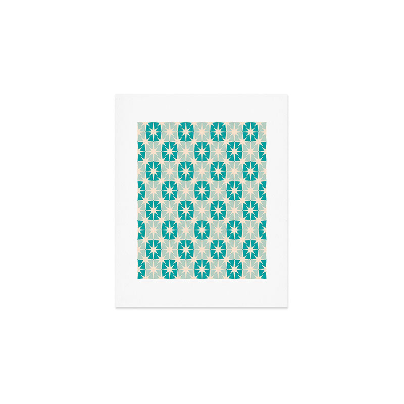Mid Century Modern Atomic Stars Light Pastel Teal and Cream Retro Checkered Starburst Pattern Art Print Gallery Image 1