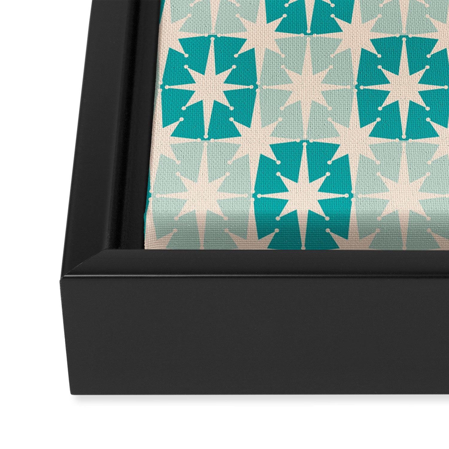 Mid Century Modern Atomic Stars Light Pastel Teal and Cream Retro Checkered Starburst Pattern Framed Canvas Print Gallery Image 3