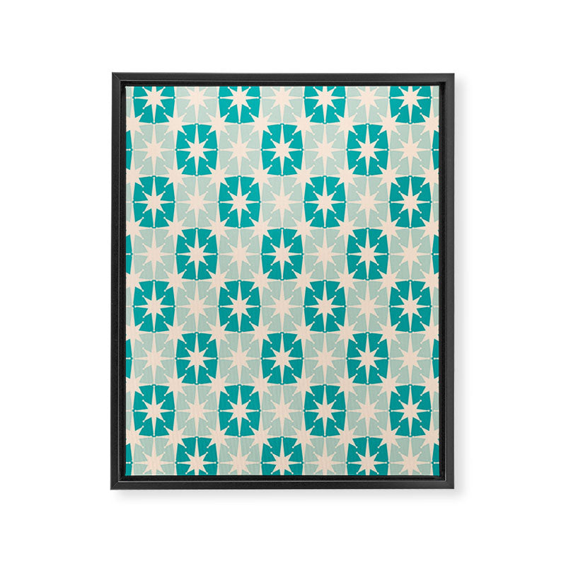 Mid Century Modern Atomic Stars Light Pastel Teal and Cream Retro Checkered Starburst Pattern Framed Canvas Print Gallery Image 6