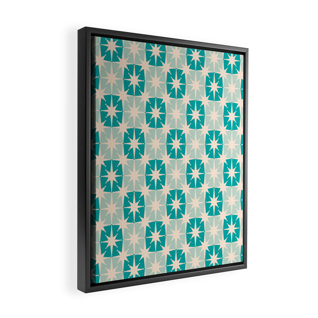 Mid Century Modern Atomic Stars Light Pastel Teal and Cream Retro Checkered Starburst Pattern Framed Canvas Print Gallery Image 2