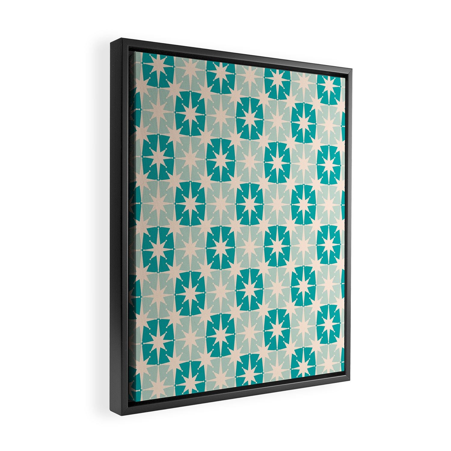 Mid Century Modern Atomic Stars Light Pastel Teal and Cream Retro Checkered Starburst Pattern Framed Canvas Print Gallery Image 2
