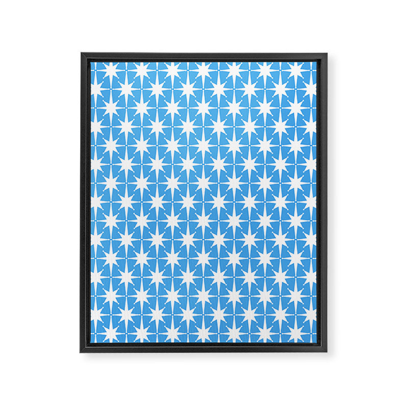 Mid Century Modern Atomic Stars Pattern Bold Blue and White Framed Canvas Print Gallery Image 6