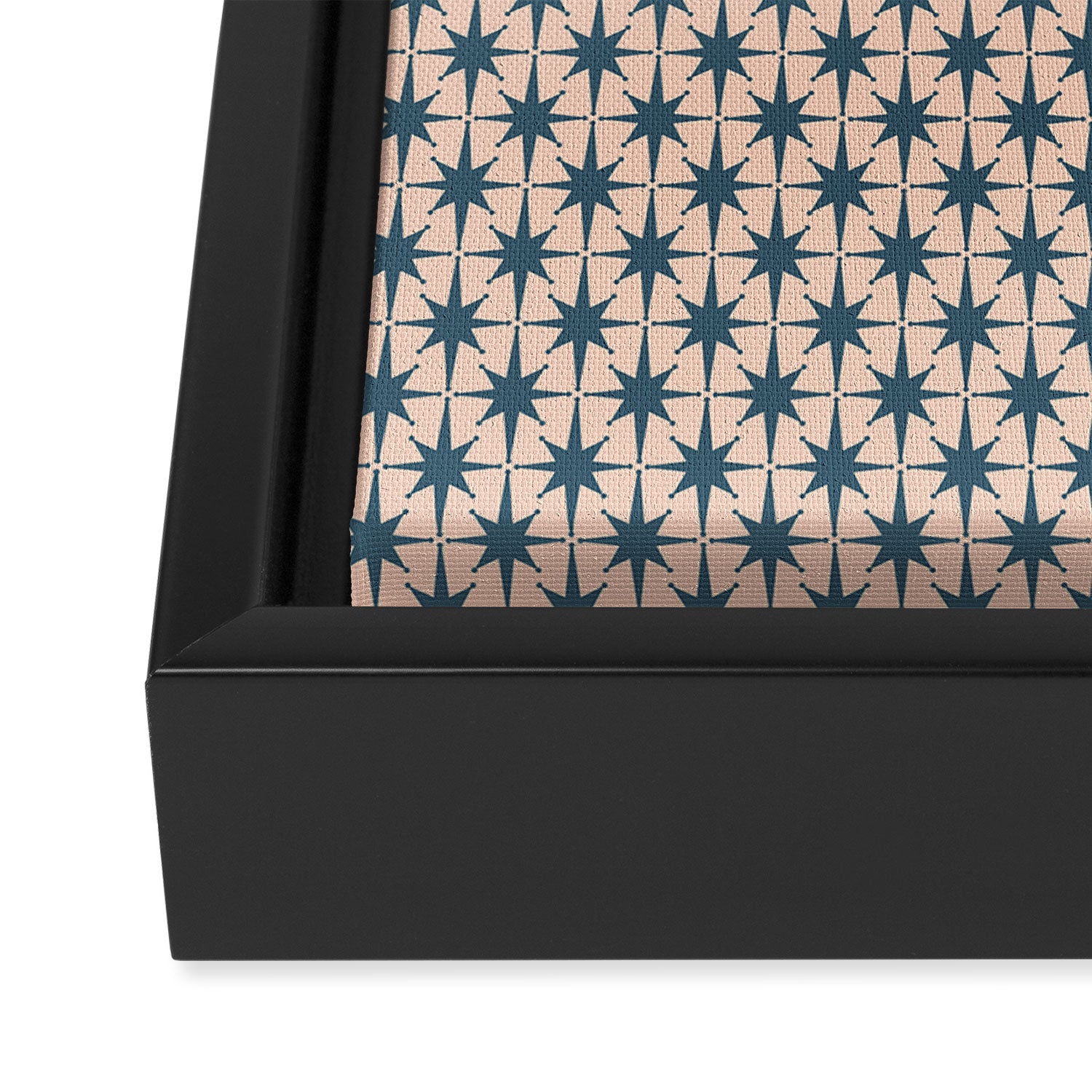 Mid Century Modern Atomic Stars Pattern in Steel Teal Blue and Pale Blush Pink Framed Canvas Print Gallery Image 3