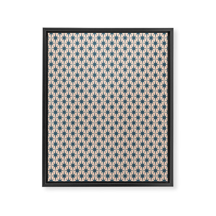 Mid Century Modern Atomic Stars Pattern in Steel Teal Blue and Pale Blush Pink Framed Canvas Print Gallery Image 1
