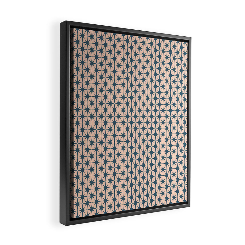 Mid Century Modern Atomic Stars Pattern in Steel Teal Blue and Pale Blush Pink Framed Canvas Print Gallery Image 2