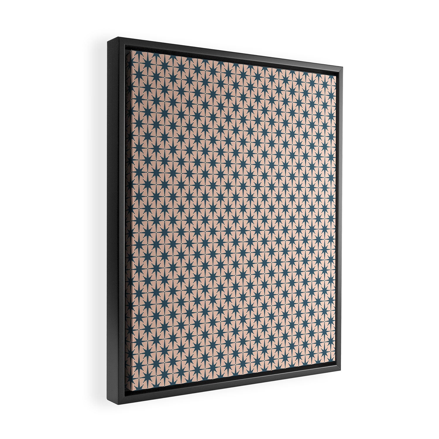 Mid Century Modern Atomic Stars Pattern in Steel Teal Blue and Pale Blush Pink Framed Canvas Print Gallery Image 2