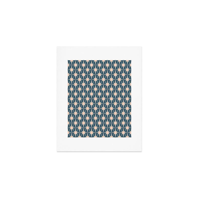 Mid Century Modern Atomic Stars Pattern in Steel Teal Blue and Pale Blush Pink Art Print Gallery Image 1
