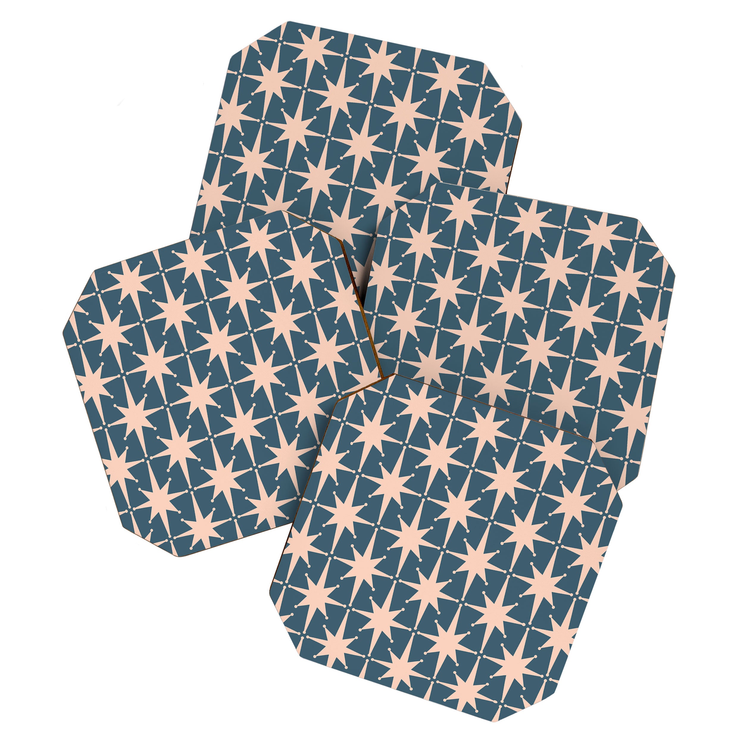 Mid Century Modern Atomic Stars Pattern in Steel Teal Blue and Pale Blush Pink Coaster Gallery Image 1