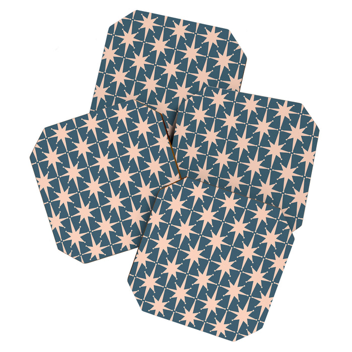 Mid Century Modern Atomic Stars Pattern in Steel Teal Blue and Pale Blush Pink Coaster Gallery Image 1