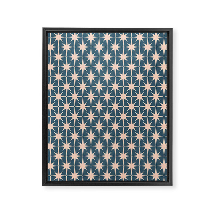 Mid Century Modern Atomic Stars Pattern in Steel Teal Blue and Pale Blush Pink Framed Canvas Print Gallery Image 1