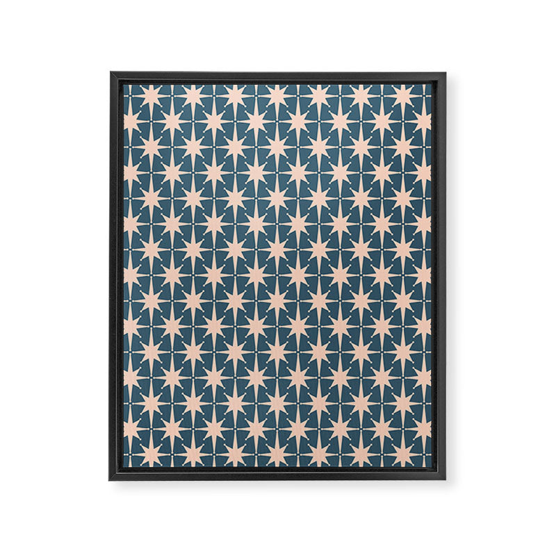 Mid Century Modern Atomic Stars Pattern in Steel Teal Blue and Pale Blush Pink Framed Canvas Print Gallery Image 6