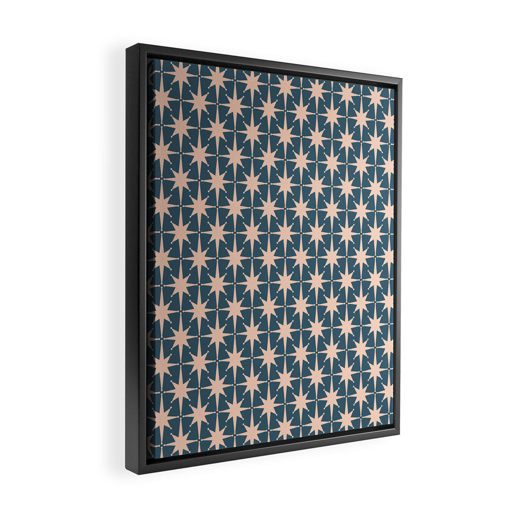 Mid Century Modern Atomic Stars Pattern in Steel Teal Blue and Pale Blush Pink Framed Canvas Print Gallery Image 2
