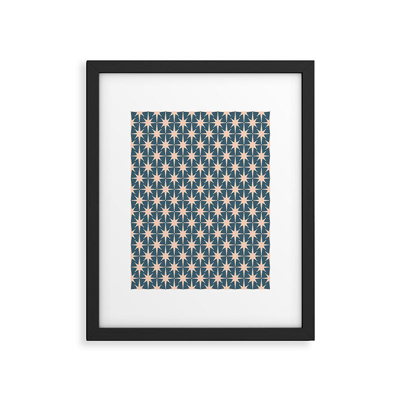 Mid Century Modern Atomic Stars Pattern in Steel Teal Blue and Pale Blush Pink Framed Art Print Gallery Image 5