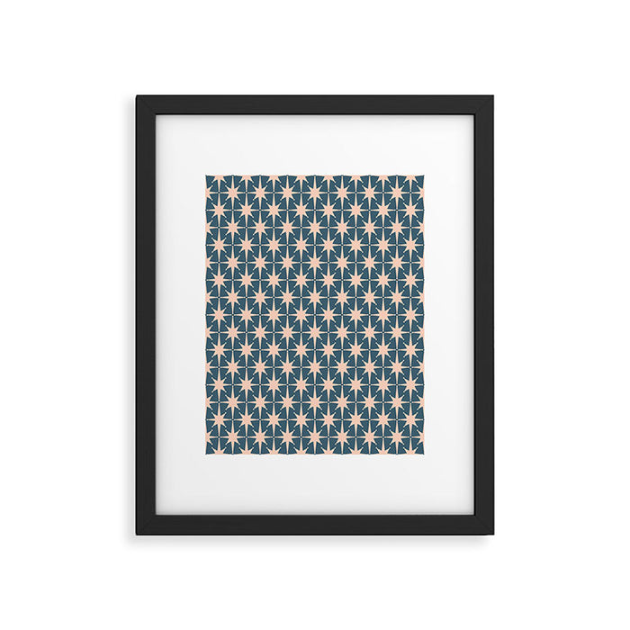 Mid Century Modern Atomic Stars Pattern in Steel Teal Blue and Pale Blush Pink Framed Art Print Gallery Image 1