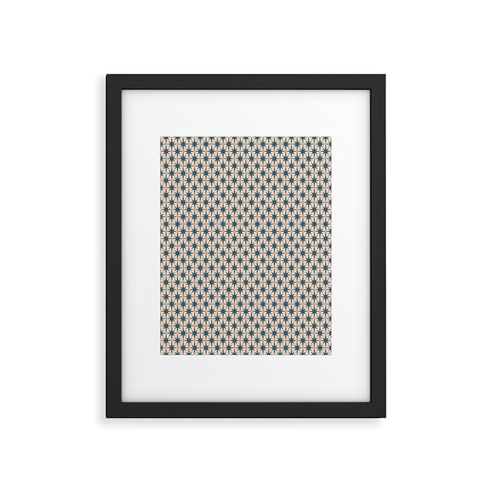 Mid Century Modern Atomic Stars Pattern in Steel Teal Blue and Pale Blush Pink Framed Art Print Gallery Image 1