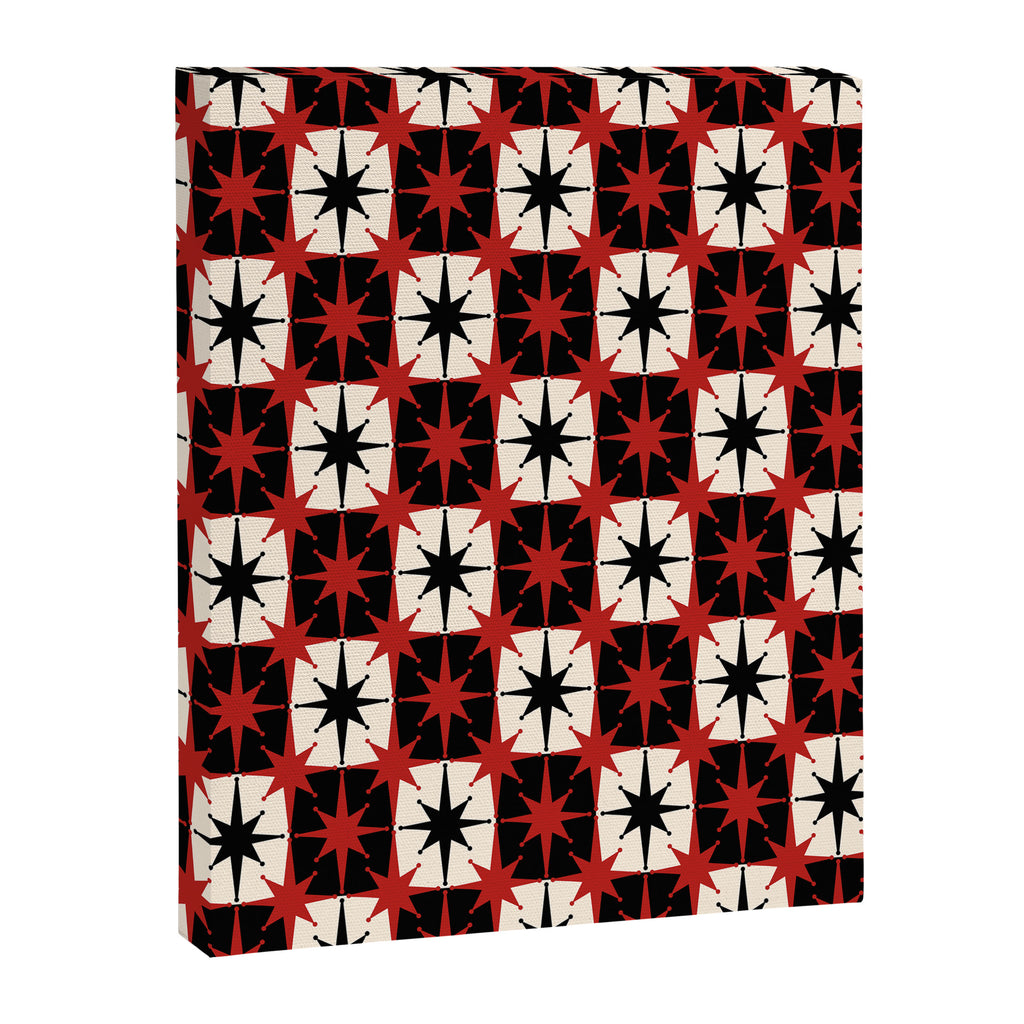 Mid Century Modern Atomic Stars Retro Checkered Starburst Pattern Black Cream Red Canvas Print Gallery Image 6
