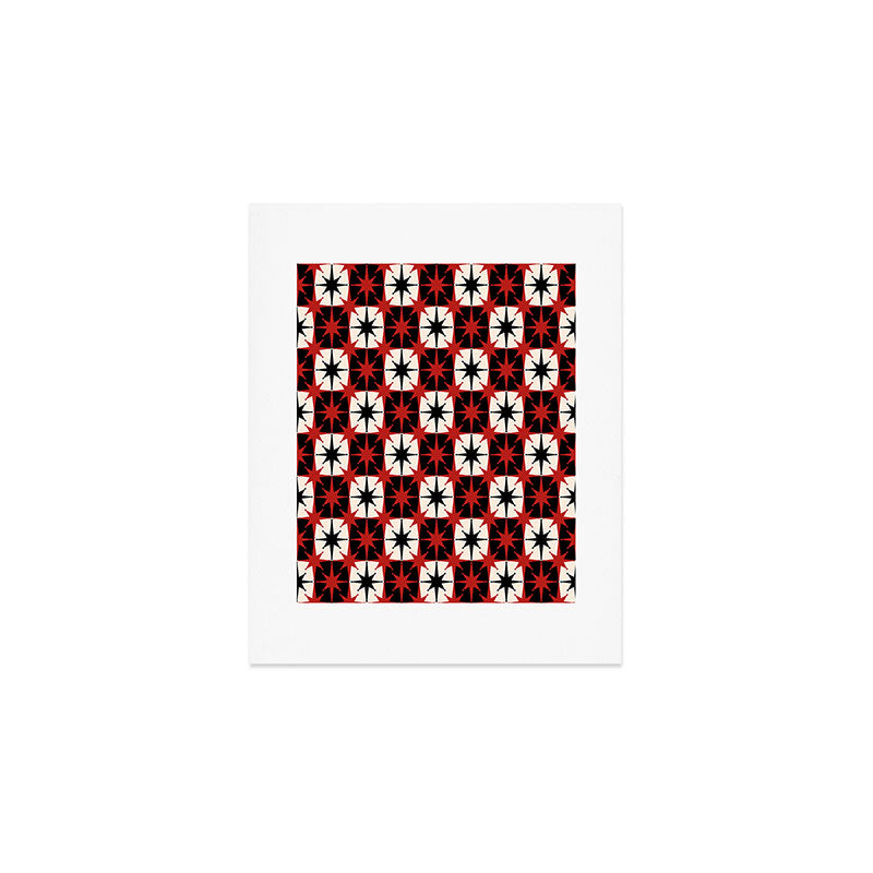Mid Century Modern Atomic Stars Retro Checkered Starburst Pattern Black Cream Red Art Print Gallery Image 1