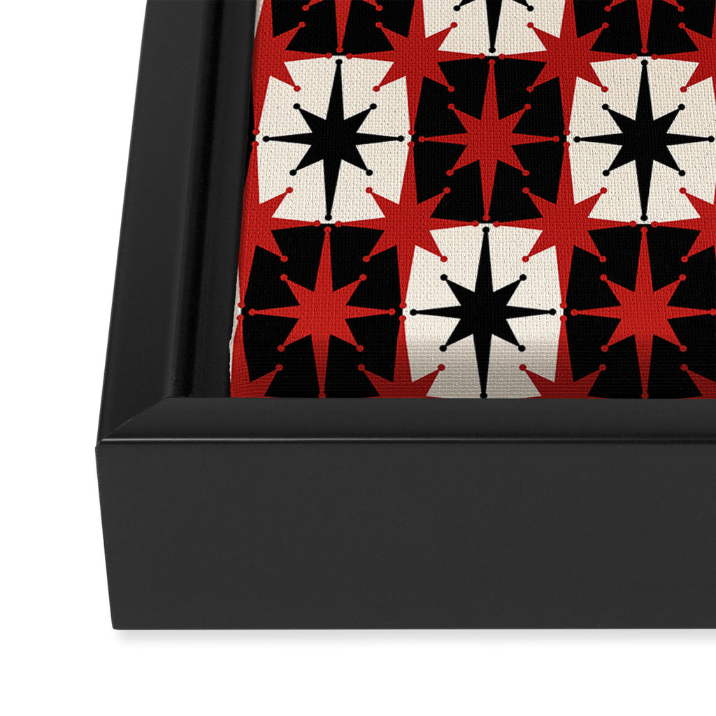 Mid Century Modern Atomic Stars Retro Checkered Starburst Pattern Black Cream Red Framed Canvas Print Gallery Image 3