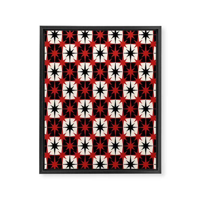 Mid Century Modern Atomic Stars Retro Checkered Starburst Pattern Black Cream Red Framed Canvas Print Gallery Image 1