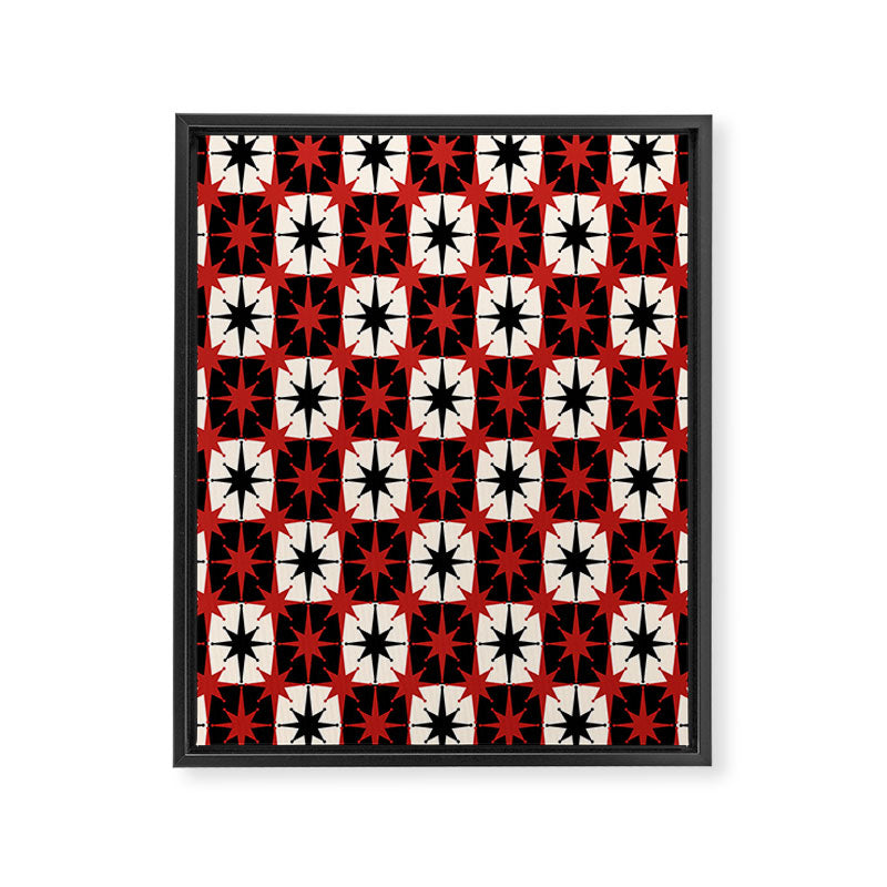 Mid Century Modern Atomic Stars Retro Checkered Starburst Pattern Black Cream Red Framed Canvas Print Gallery Image 6