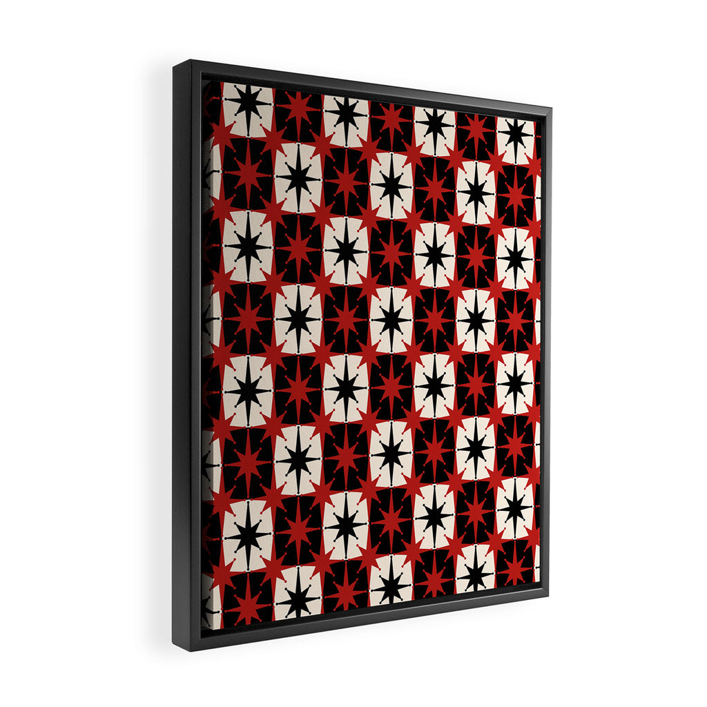 Mid Century Modern Atomic Stars Retro Checkered Starburst Pattern Black Cream Red Framed Canvas Print Gallery Image 2