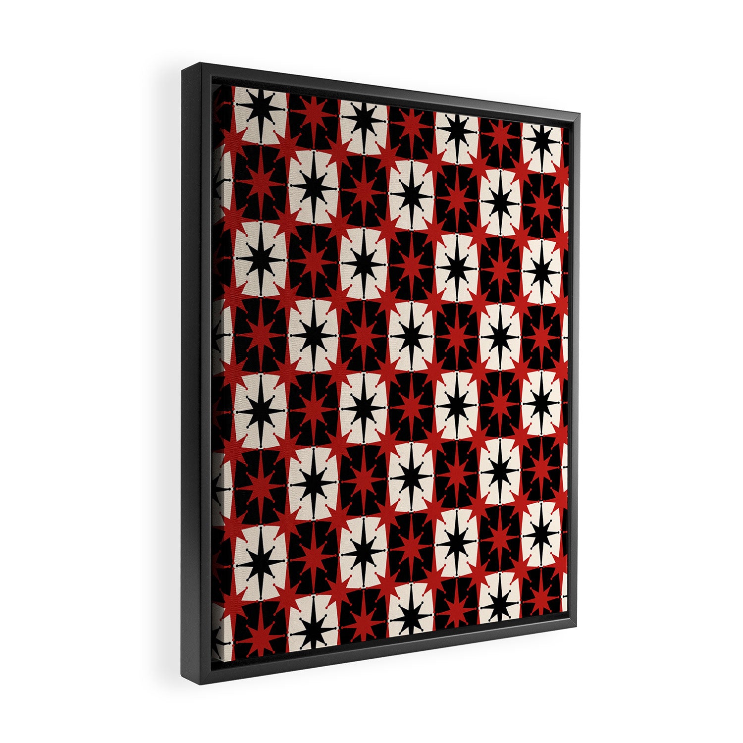 Mid Century Modern Atomic Stars Retro Checkered Starburst Pattern Black Cream Red Framed Canvas Print Gallery Image 2