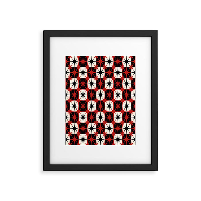 Mid Century Modern Atomic Stars Retro Checkered Starburst Pattern Black Cream Red Framed Art Print Gallery Image 1