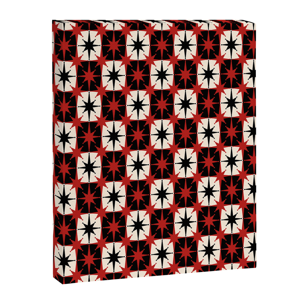 Mid Century Modern Atomic Stars Retro Checkered Starburst Pattern in Black Cream Red Canvas Print Gallery Image 6