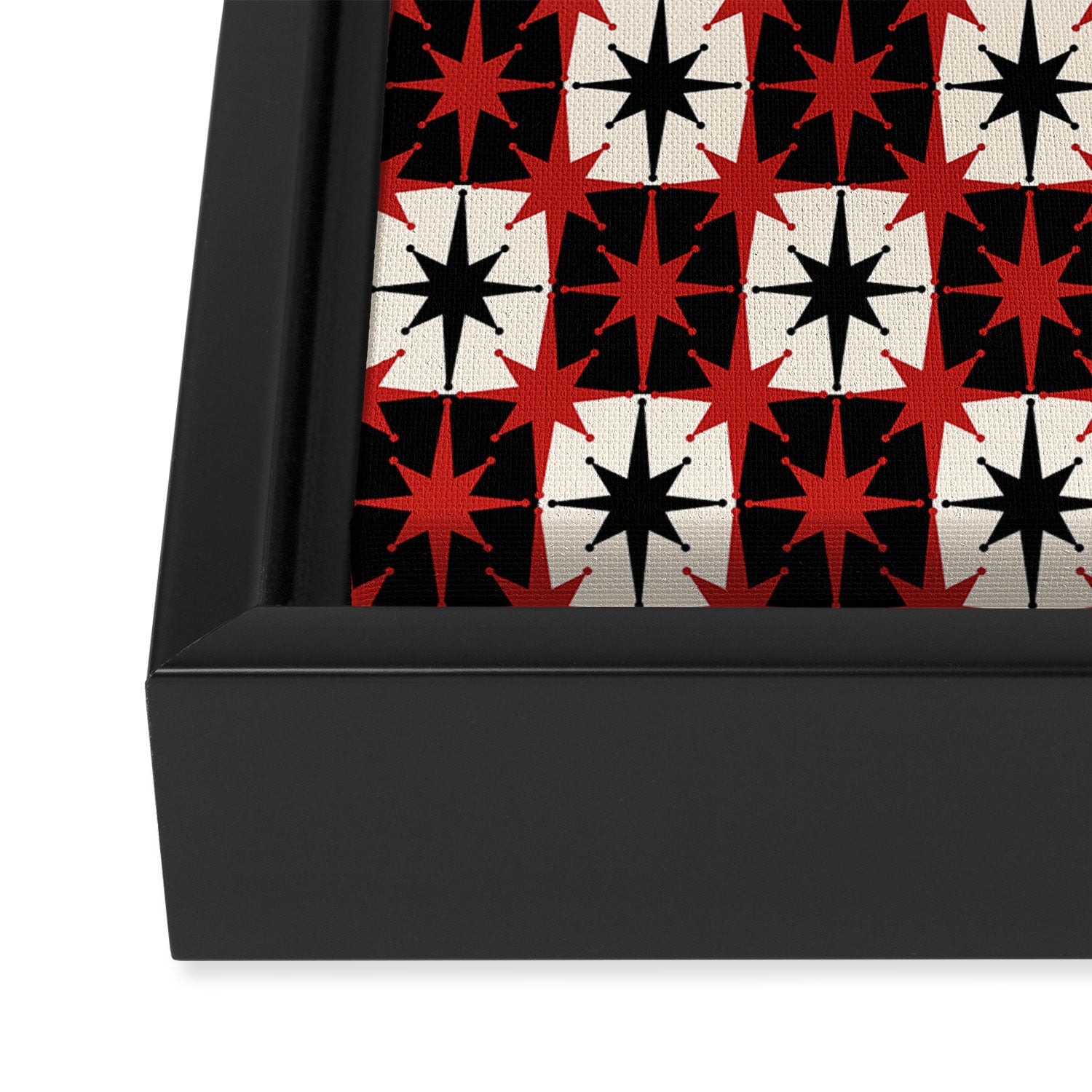 Mid Century Modern Atomic Stars Retro Checkered Starburst Pattern in Black Cream Red Framed Canvas Print Gallery Image 3