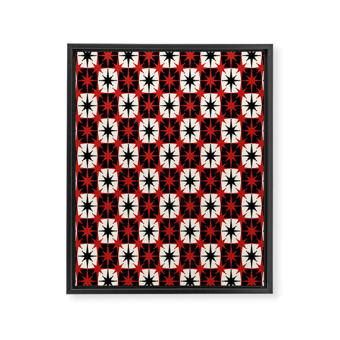 Mid Century Modern Atomic Stars Retro Checkered Starburst Pattern in Black Cream Red Framed Canvas Print Gallery Image 1