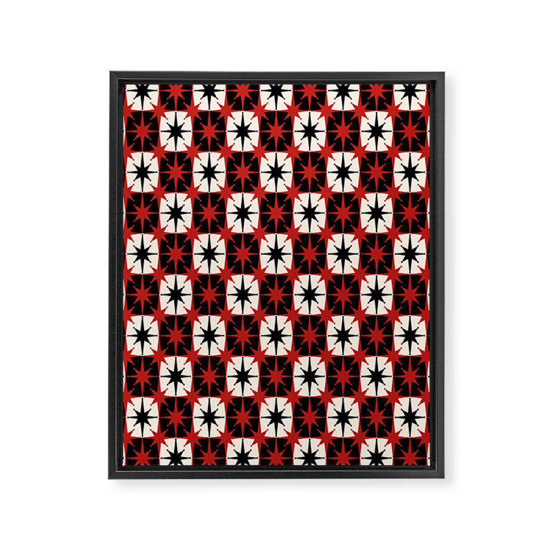 Mid Century Modern Atomic Stars Retro Checkered Starburst Pattern in Black Cream Red Framed Canvas Print Gallery Image 6