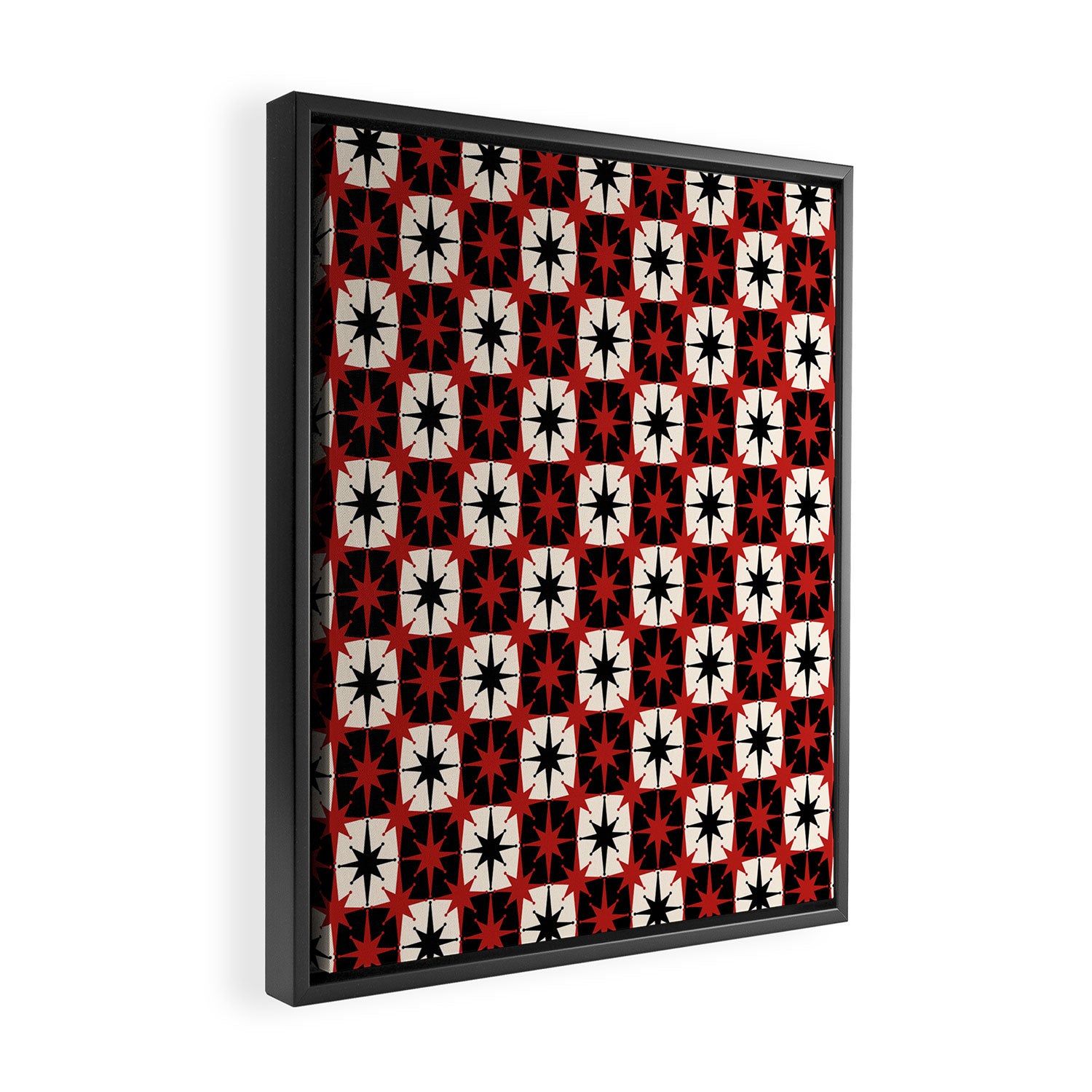 Mid Century Modern Atomic Stars Retro Checkered Starburst Pattern in Black Cream Red Framed Canvas Print Gallery Image 2