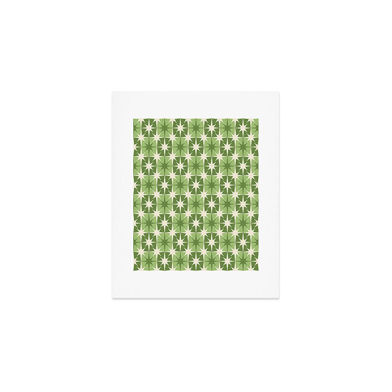 Mid Century Modern Atomic Stars Retro Checkered Starburst Pattern in Sage Olive Green Art Print Gallery Image 1