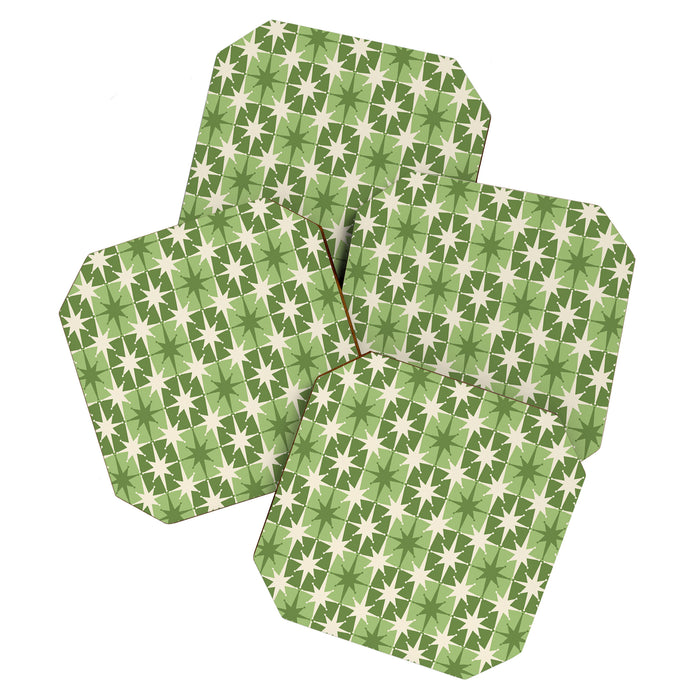 Mid Century Modern Atomic Stars Retro Checkered Starburst Pattern in Sage Olive Green Coaster Gallery Image 1