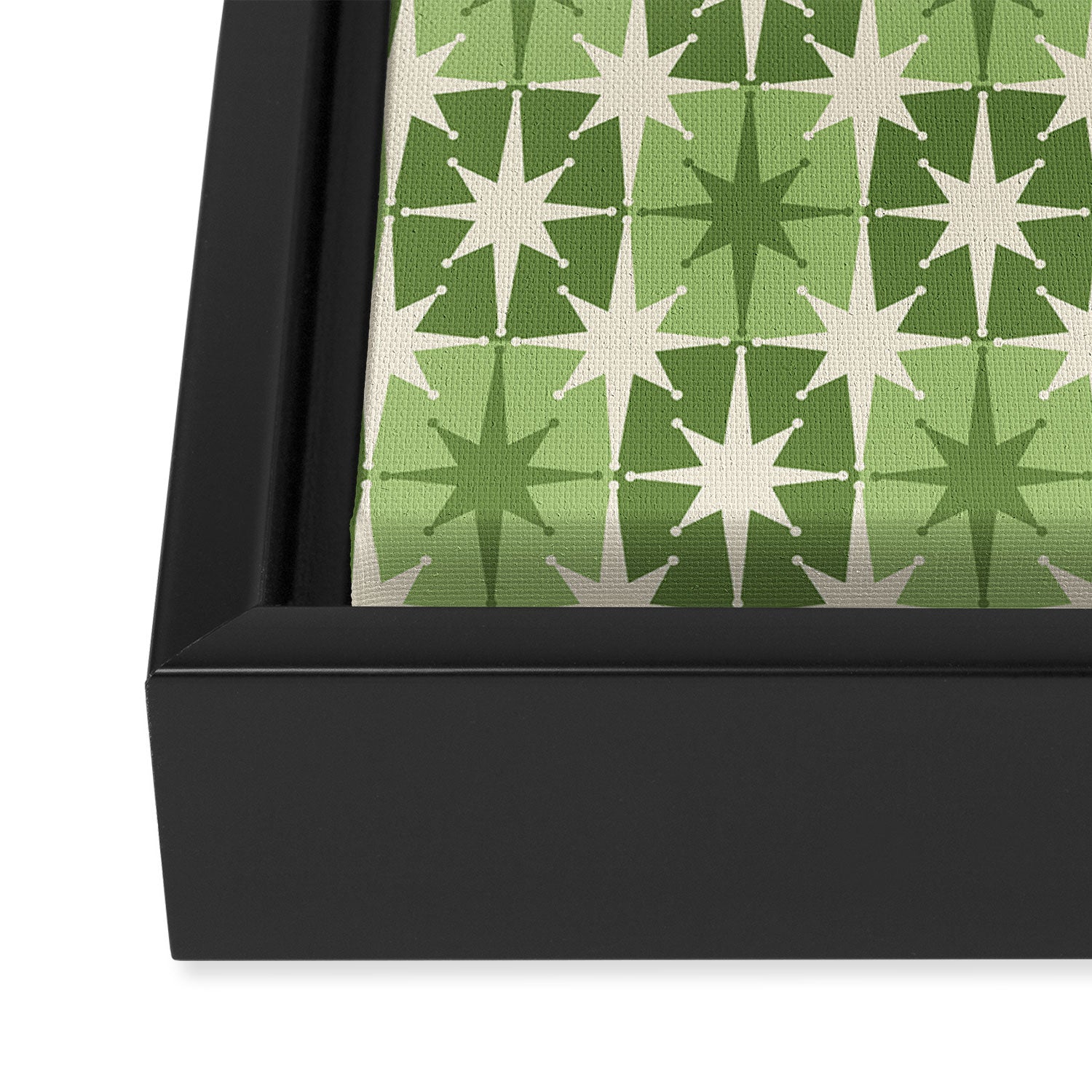 Mid Century Modern Atomic Stars Retro Checkered Starburst Pattern in Sage Olive Green Framed Canvas Print Gallery Image 3